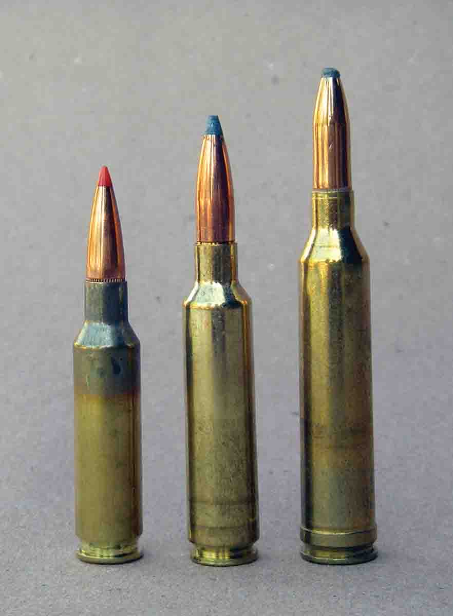 The 6.5-284 Norma (center) exceeds the ballistics of the 6.5 Creedmoor (left) and approaches .264 Winchester Magnum (right) performance.